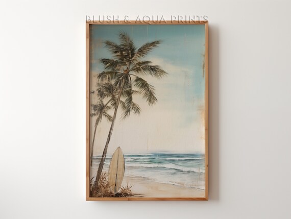 Vintage Beach Scene with a Surfboard and Palm Trees Coastal Poster