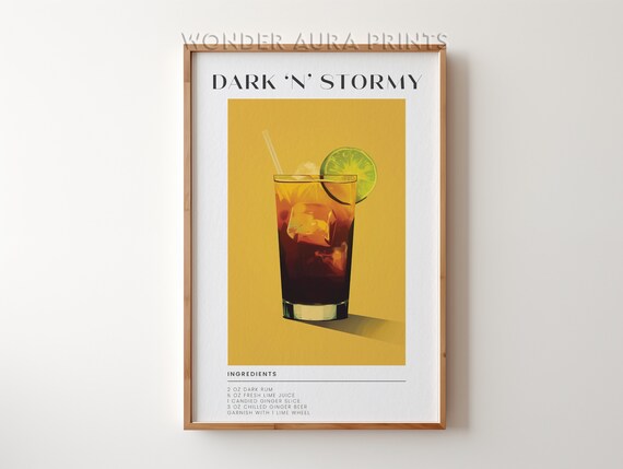 Dark N Stormy Cocktail Recipe With Ingredients Retro Bar Cart Print