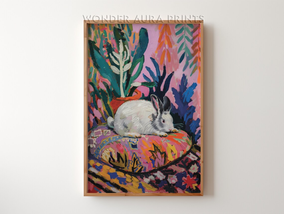 White Rabbit Resting on Colorful Cushion Maximalist Tropical Poster