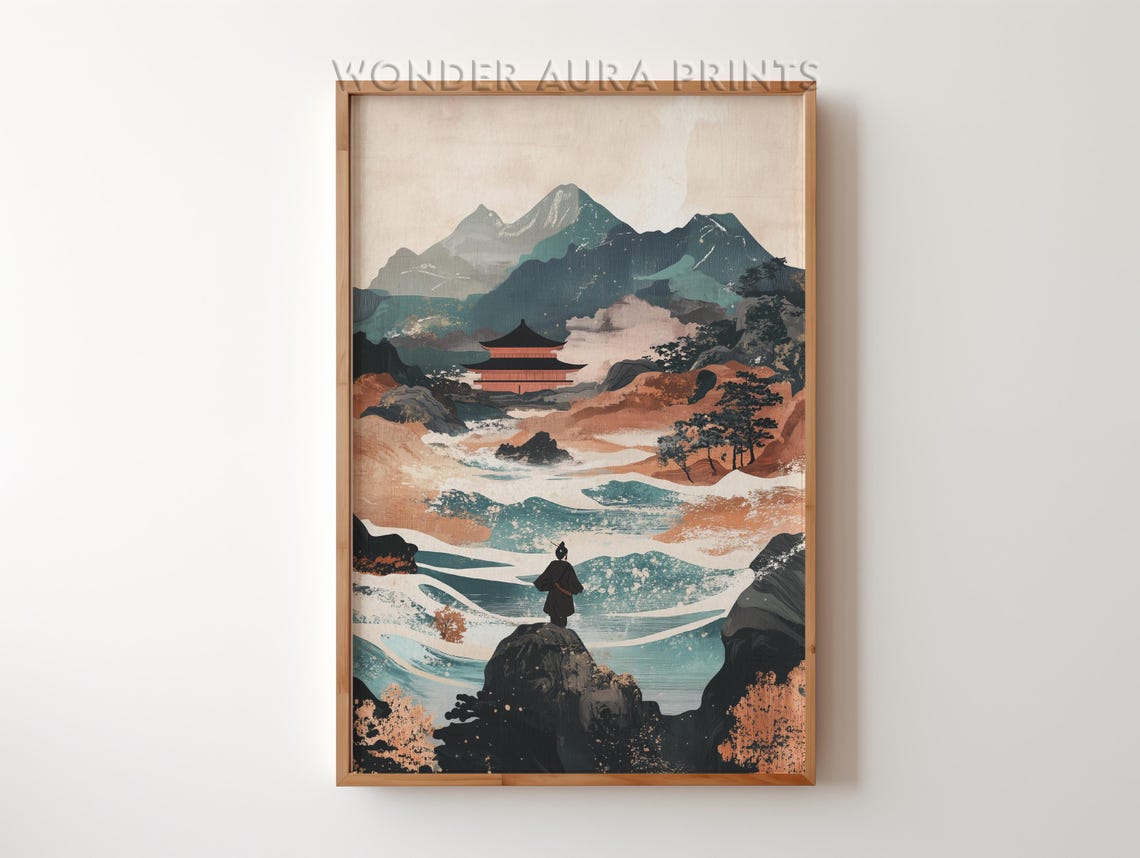 Japanese Pagoda Mountain Waves Woodblock Style Landscape Print