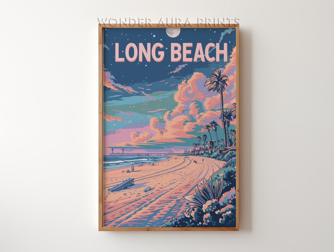 Long Beach Moonlit Ocean Night Scene Retro Travel Art Poster