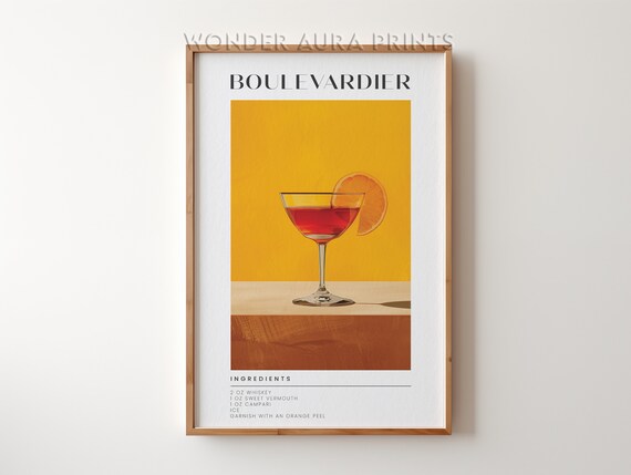 Boulevardier Classic Cocktail Recipe Orange Glass Art Deco Poster