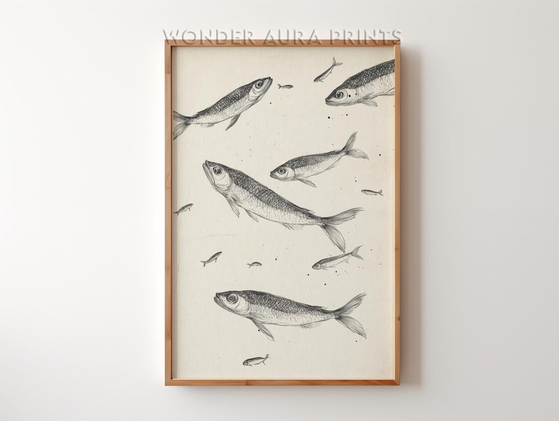 Ink Sardine Shoal Sketch Monochrome Fish Sea Life Decor Print