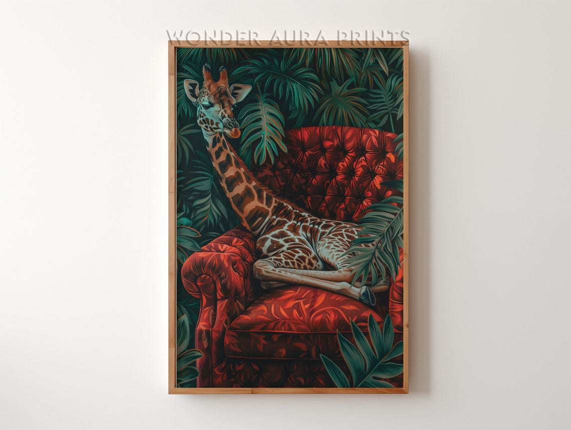 Sleeping Giraffe Red Velvet Sofa Jungle Maximalist Decor Wall Art