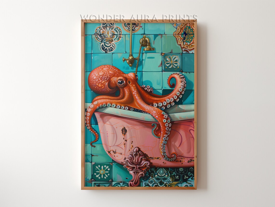 Red Octopus In A Bathtub Maximalist Bathroom Decor Dopamine Print Jungle Wall Wonder Aura Prints