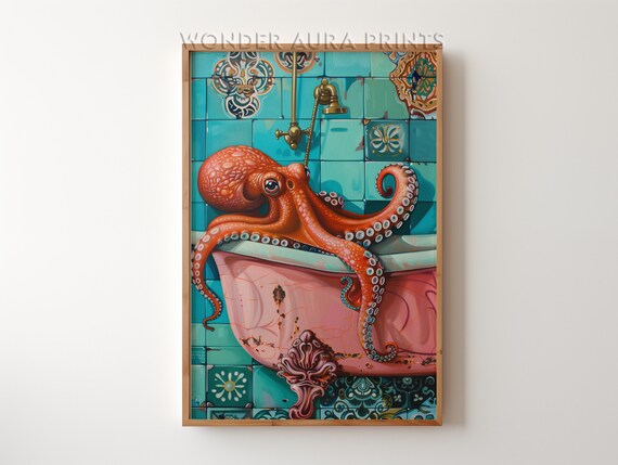 Red Octopus In A Bathtub Maximalist Bathroom Decor Dopamine Print Jungle Wall Wonder Aura Prints