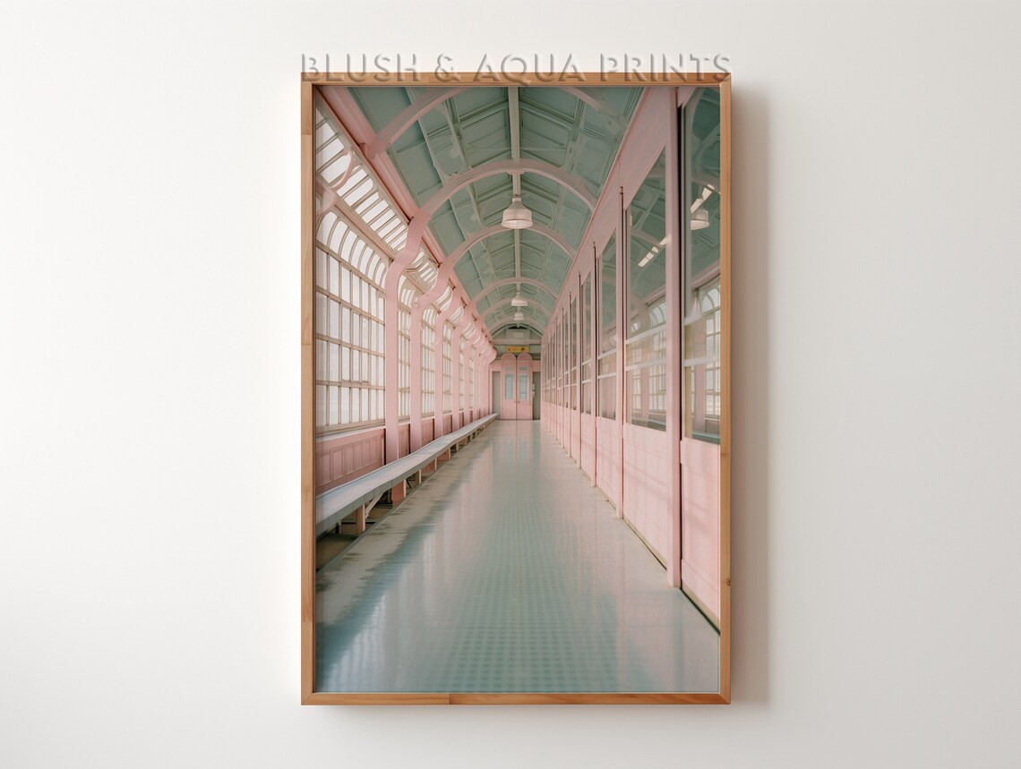 Dreamy Pink And Aqua Train Station Glass Corridor Art Poster
