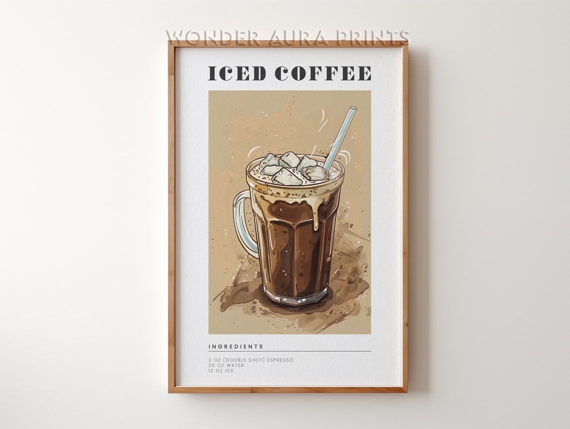 Iced Coffee Recipe Retro Tall Glass Kitchen Bar Decor Poster