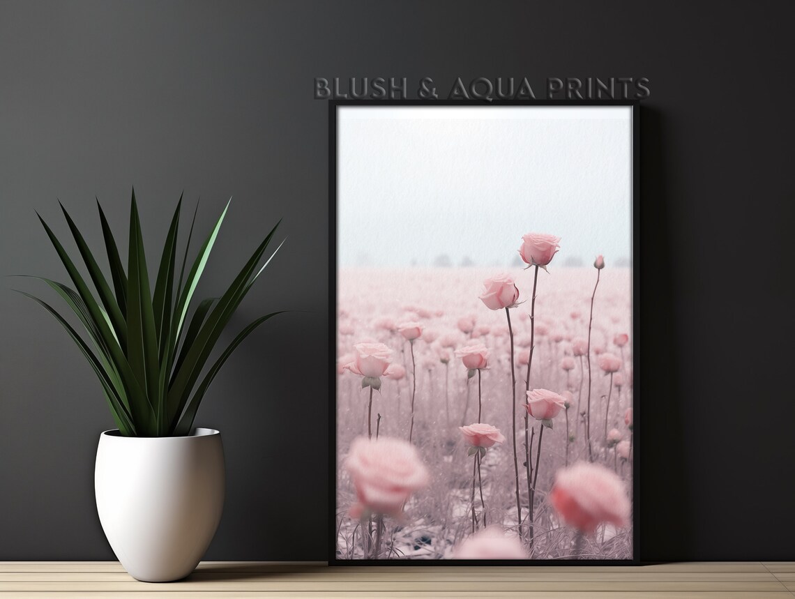 Blush Pink Roses Field Dreamy Minimalist Botanical Art Poster