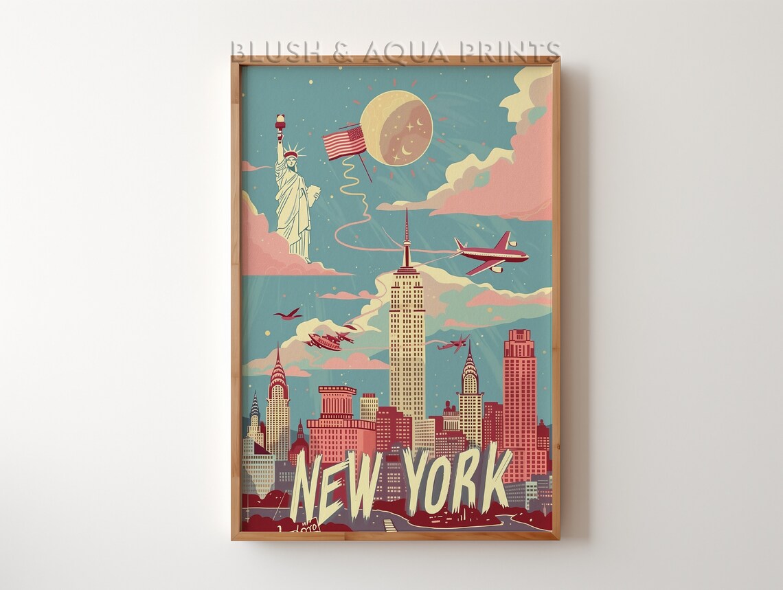 New York Vintage Skyline Statue of Liberty Retro Travel Poster Art