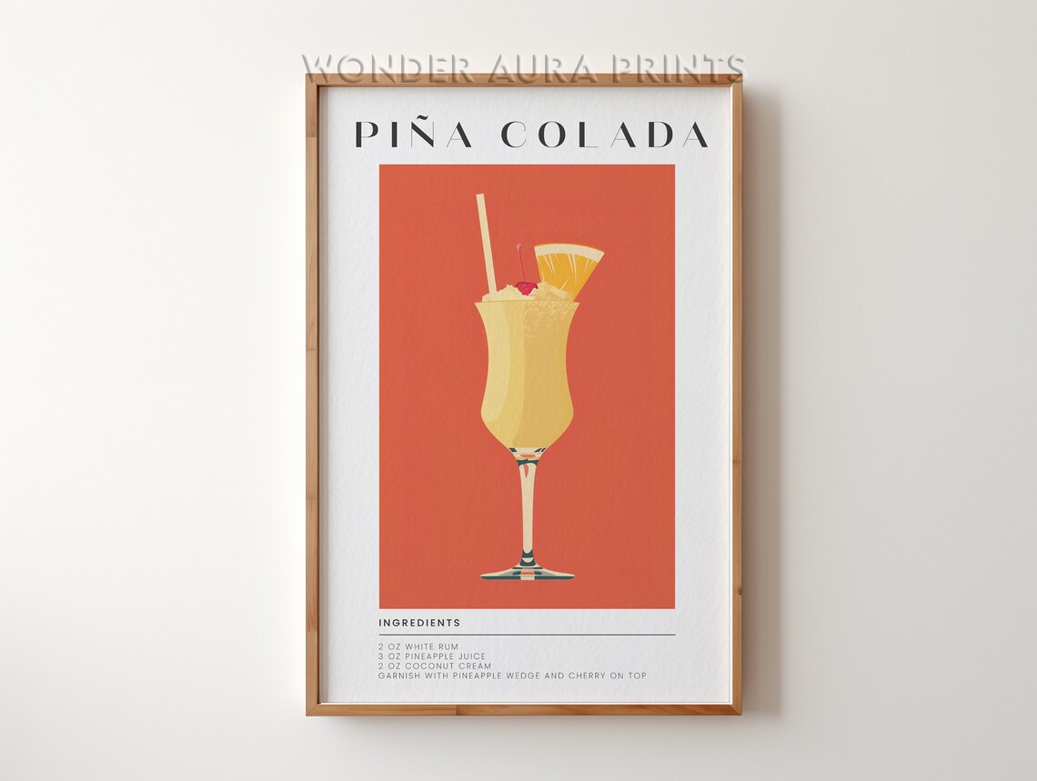 Classic Pina Colada Cocktail Recipe Retro Bar Cart Art Poster