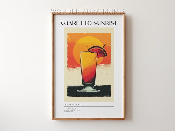 Amaretto Sunrise Orange Juice Grenadine Cocktail Recipe Retro Sunset Poster