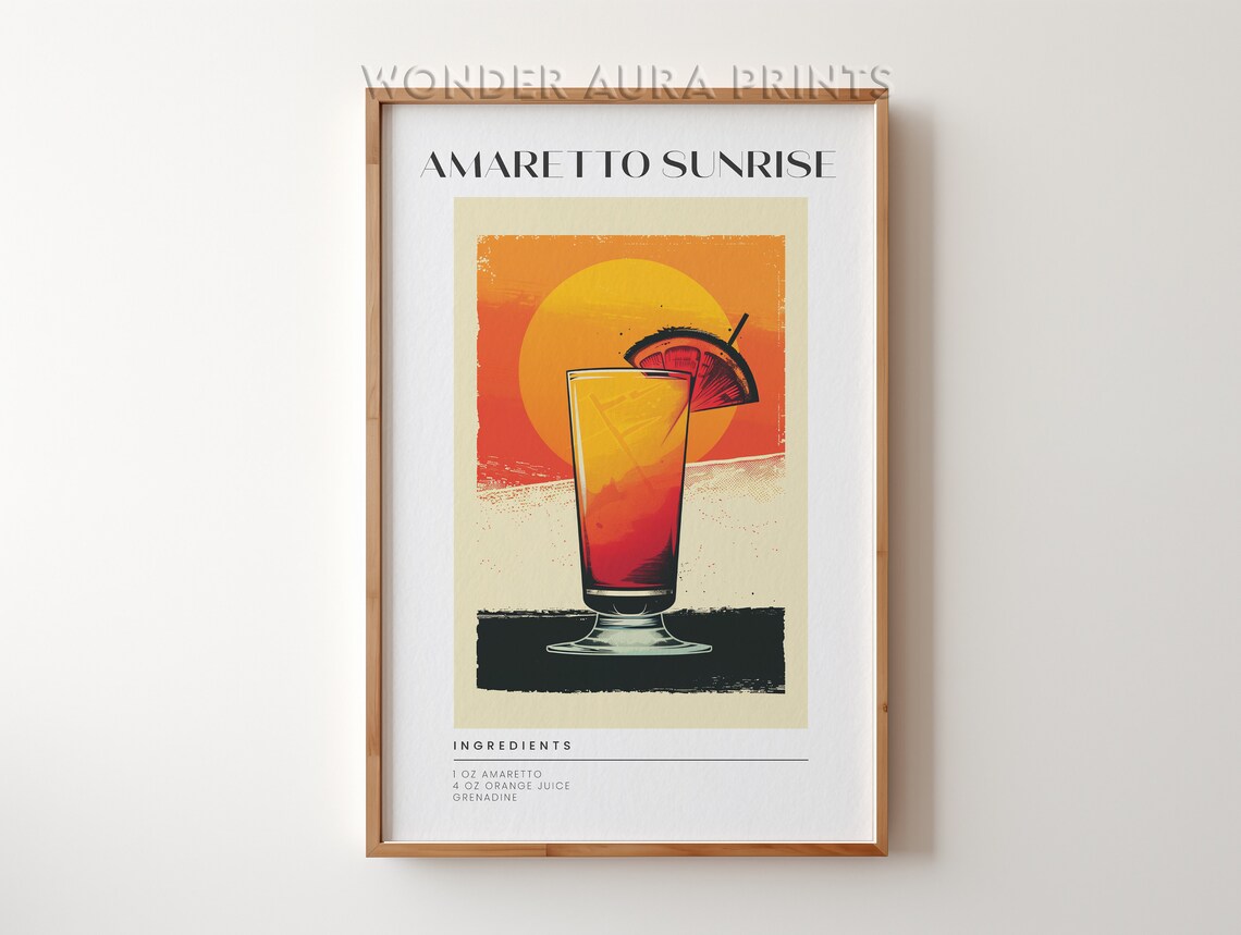 Amaretto Sunrise Orange Juice Grenadine Cocktail Recipe Retro Sunset Poster