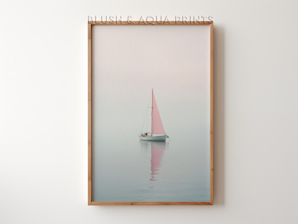 Sailboat with Pink Sail on Misty Calm Water Minimalist Poster