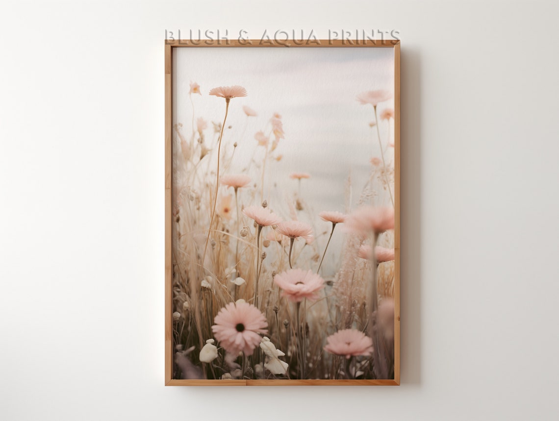 Pink Daisy Wildflowers Field Boho Botanical Meadow Scenery Wall Art