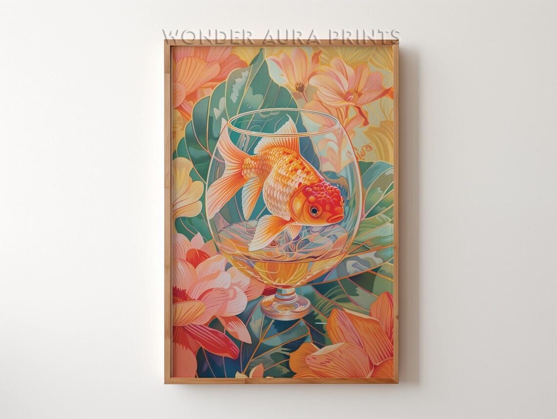 Preppy Gold Fish Print Maximalist Dopamine Decor Wall Art Jungle Wonder Aura Prints