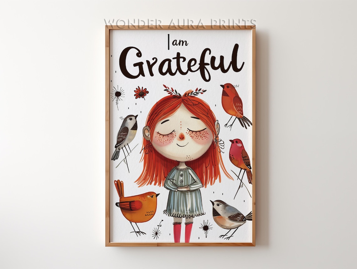 I Am Grateful Red Haired Girl With Birds Watercolor Kids Poster