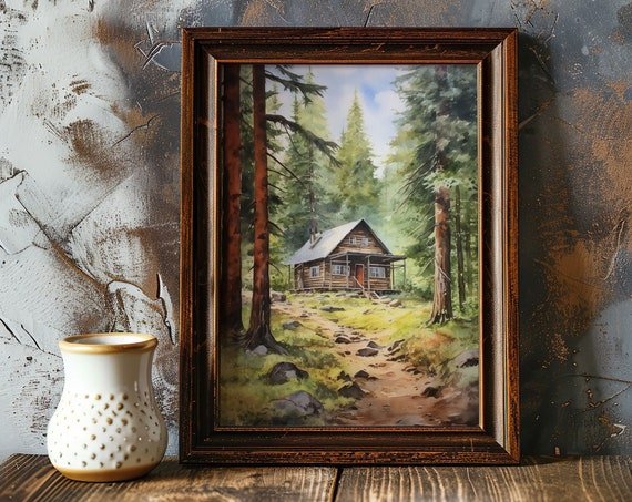 Forest Cabin Print Wall Art Poster Gift Watercolor Colorful Painting Illustration Nature Minimalist Decor Farm House Art