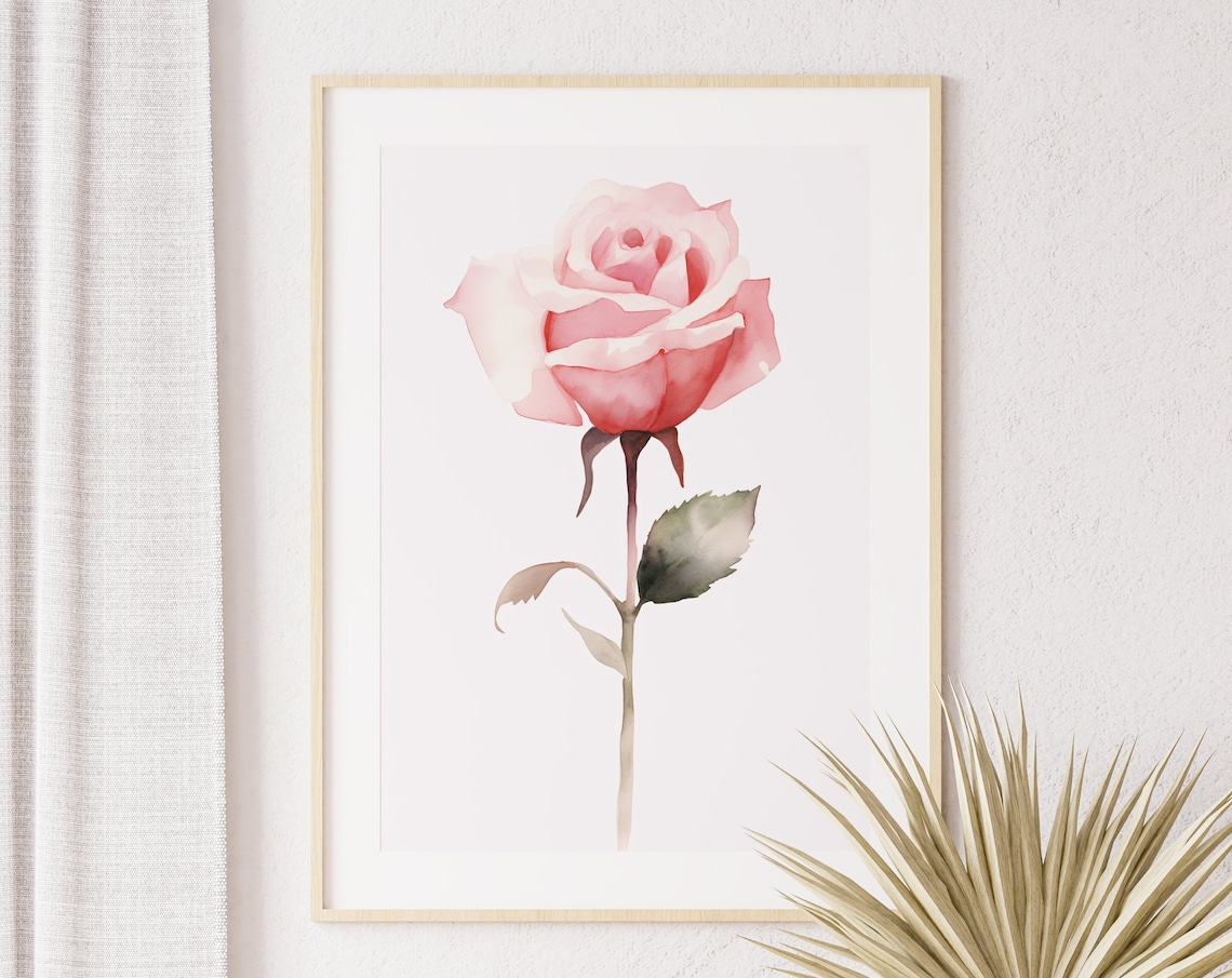 Pink Rose Single Bloom Delicate Watercolor Minimalist Flower Poster