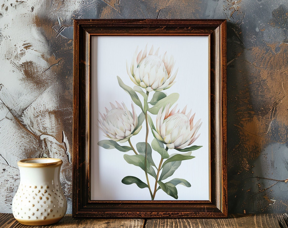 White King Protea Flower Trio Watercolor Botanical Wall Poster