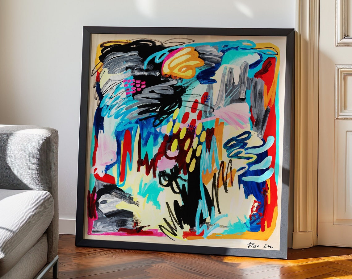 Turquoise Red and Yellow Gestural Marks Square Abstract Art Poster