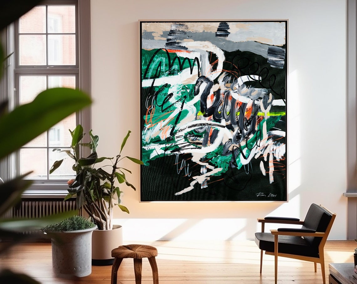 Dark Green Black And White Abstract Waves Painting By Ron Deri Poster