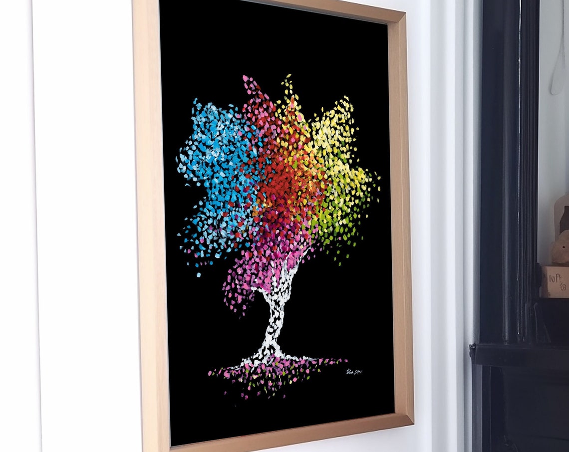 Vibrant Colorful Dotted Tree of Life on Black Background Wall Art - Image 5