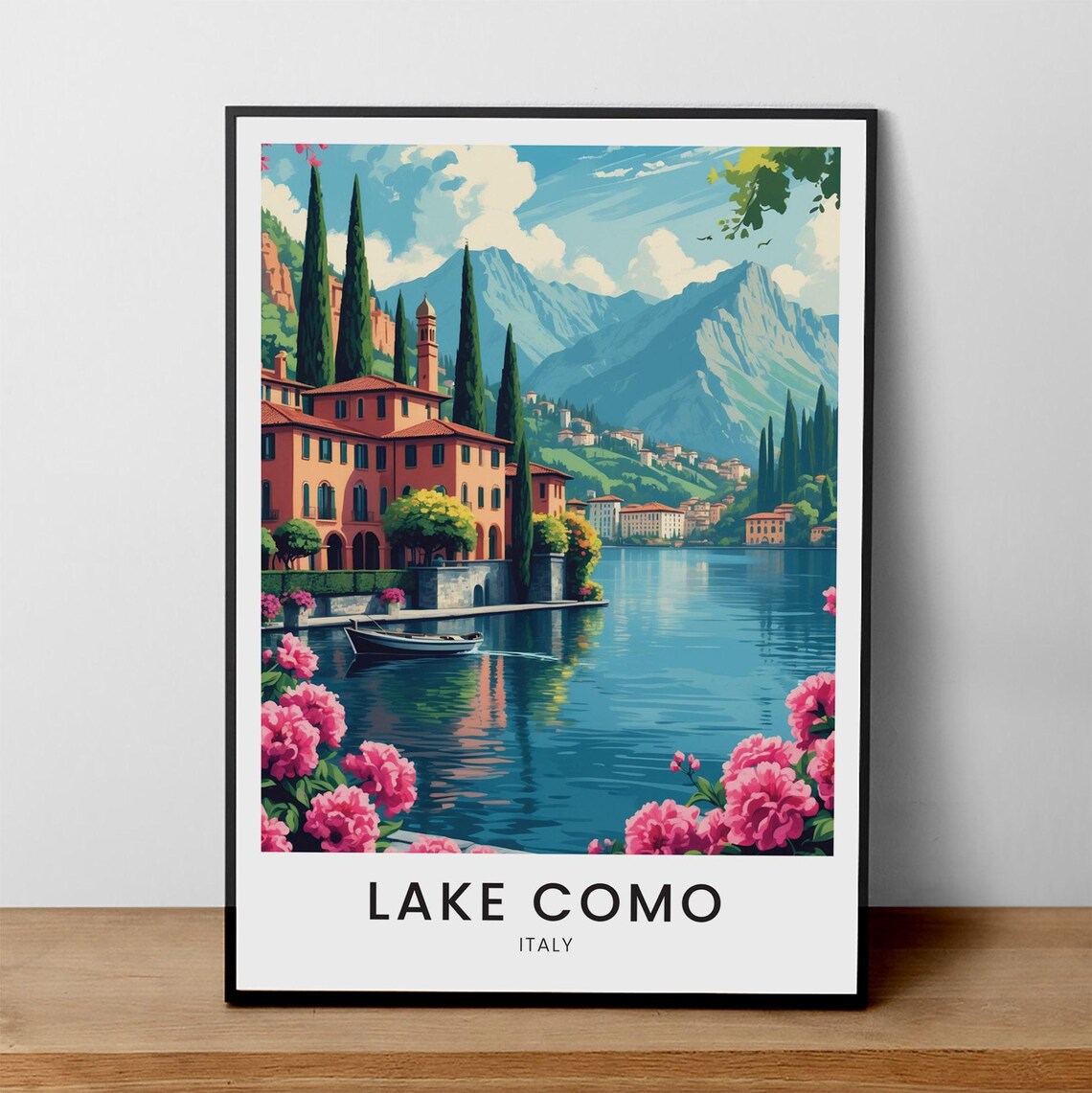 Lake Como Italy Lakeside Villa Cypress Pink Flowers Travel Art Poster