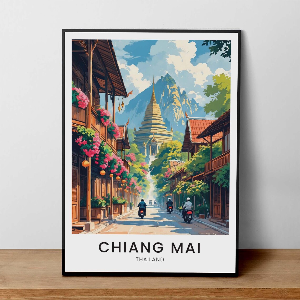Chiang Mai Thailand Temple Street Mountain Bougainvillea Poster