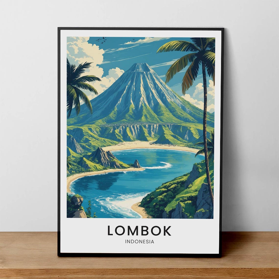 Lombok Indonesia Volcano Beach Retro Travel Poster With Palm Trees