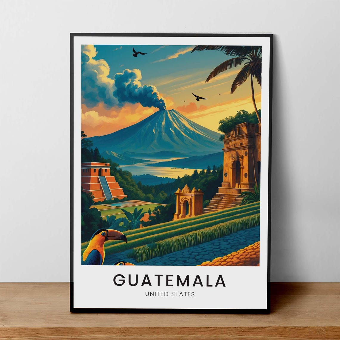 Guatemala Smoking Volcano Ancient Ruins Toucan Sunset Travel Poster