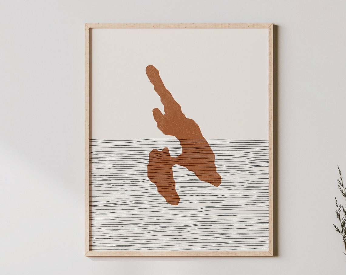Slender Terracotta Island Line Waves Abstract Boho Wall Print