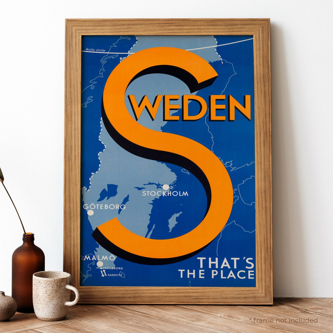 Retro Sweden Travel Map Print With Big Orange S And City Names