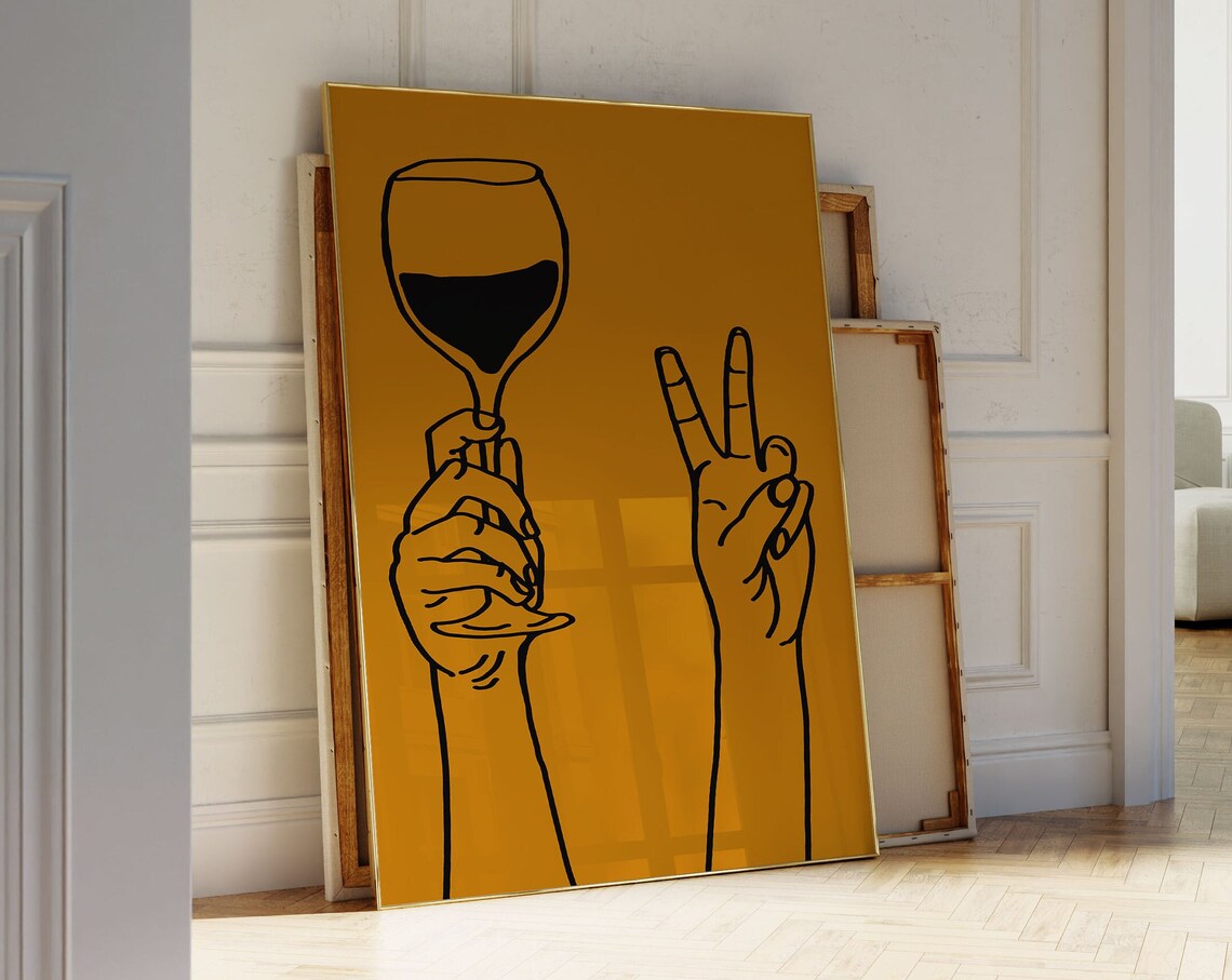 Wine Glass Peace Sign Line Art Mustard Bar Cart Mid Century Print