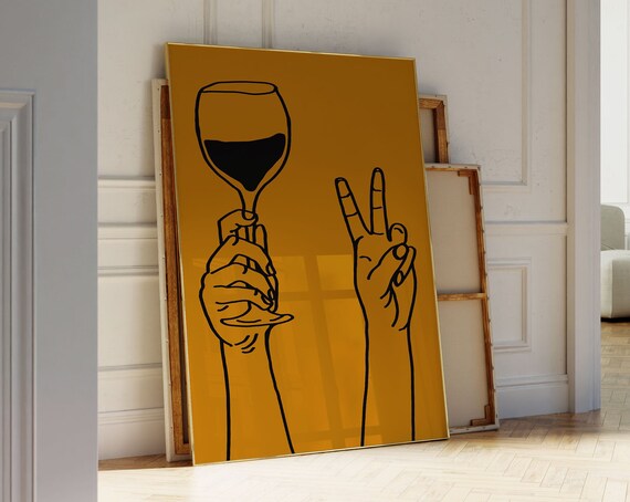 Wine Glass Peace Sign Line Art Mustard Bar Cart Mid Century Print