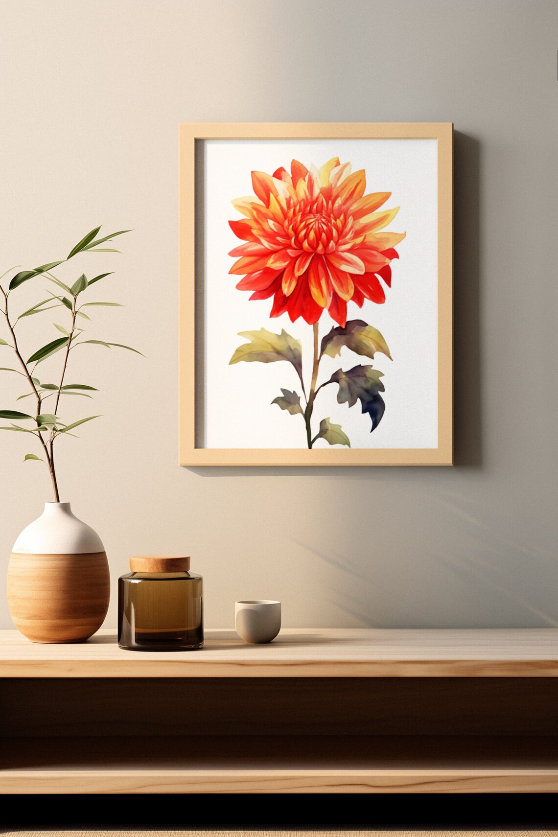Vivid Sunset Orange Dahlia Flower Watercolour Botanical Art Poster - Image 2