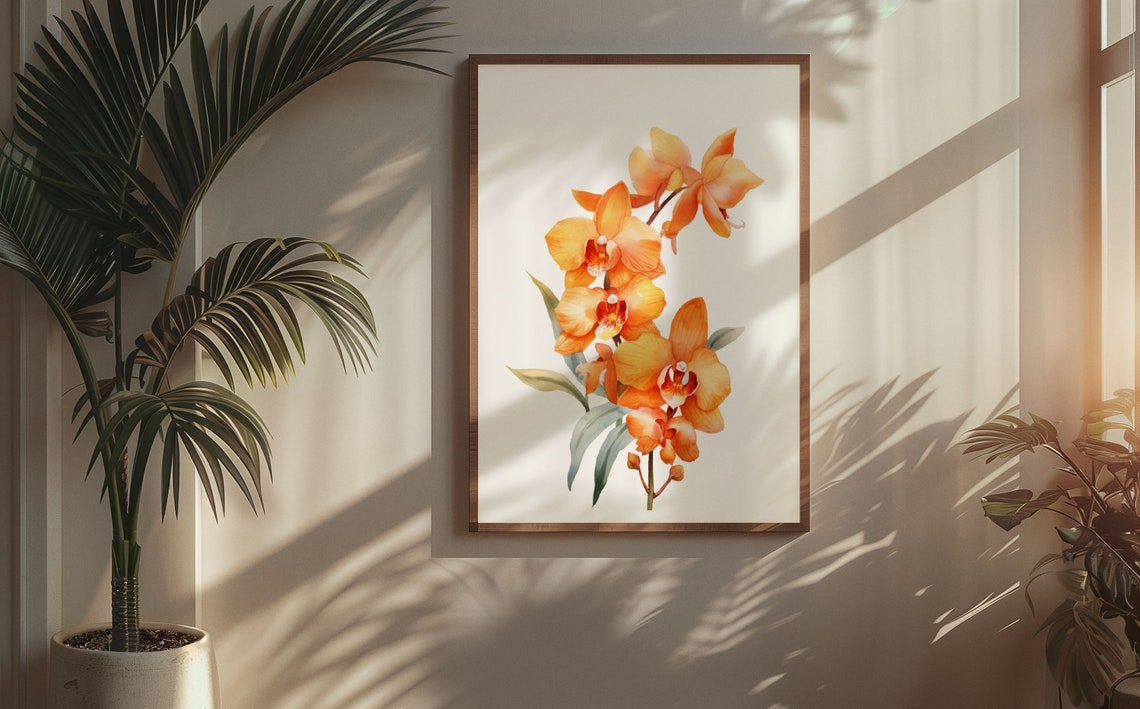 Orange Orchid Blossom Spray Watercolour Botanical Flower Poster - Image 5