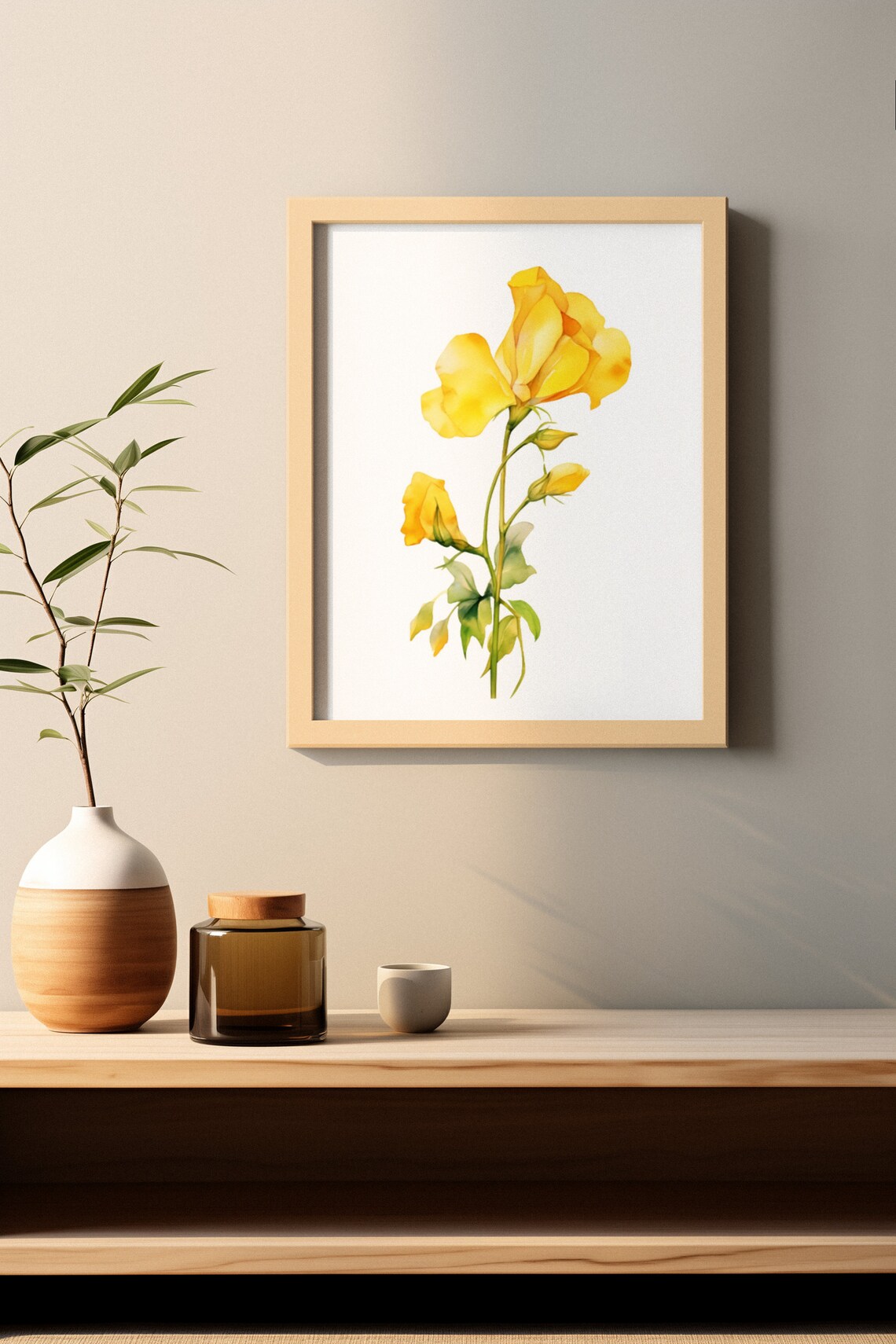 Yellow Sweet Pea Bloom and Two Buds Watercolour Flower Poster - Image 2