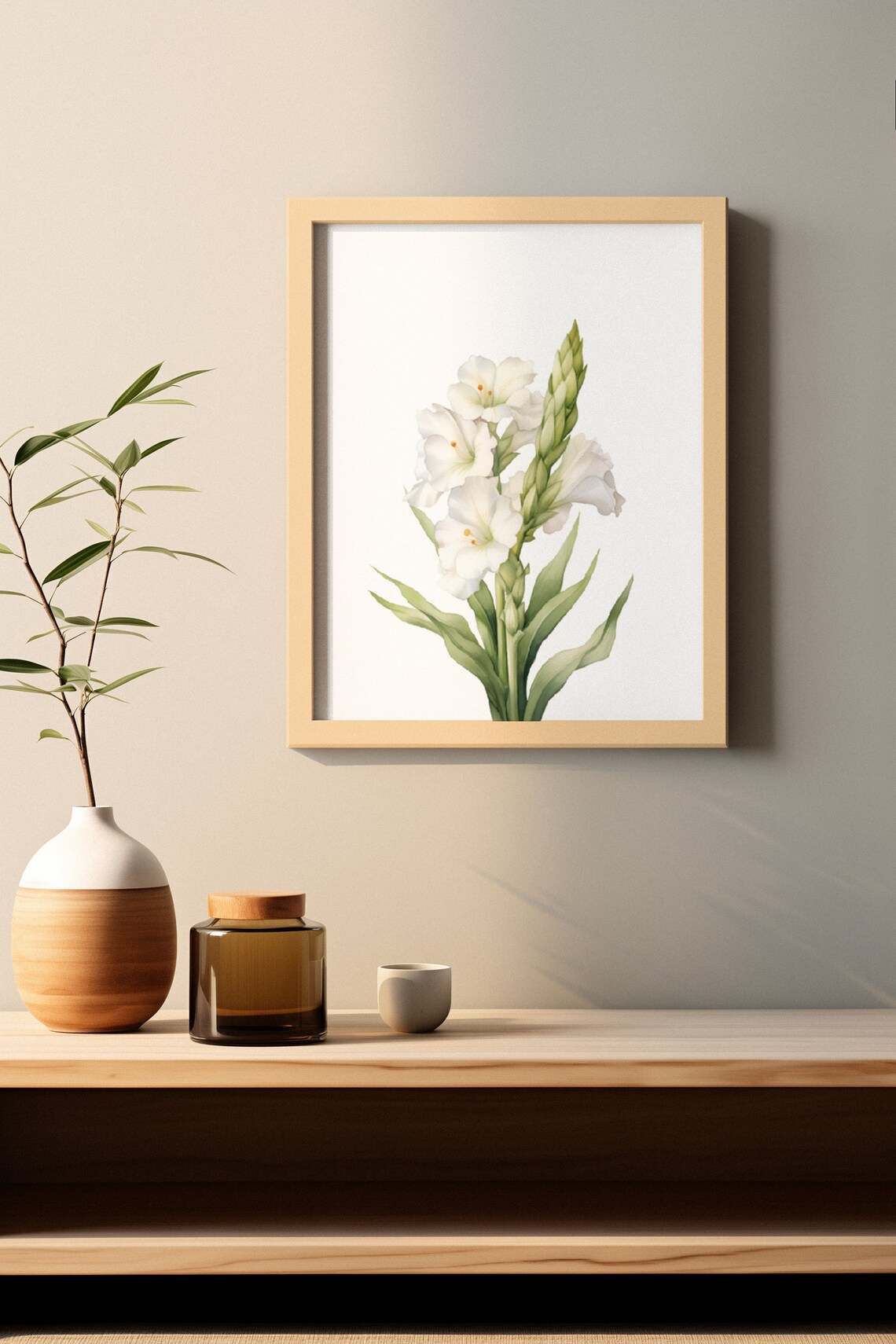 White Gladiolus Flower Spike Watercolour Botanical Flower Poster - Image 2
