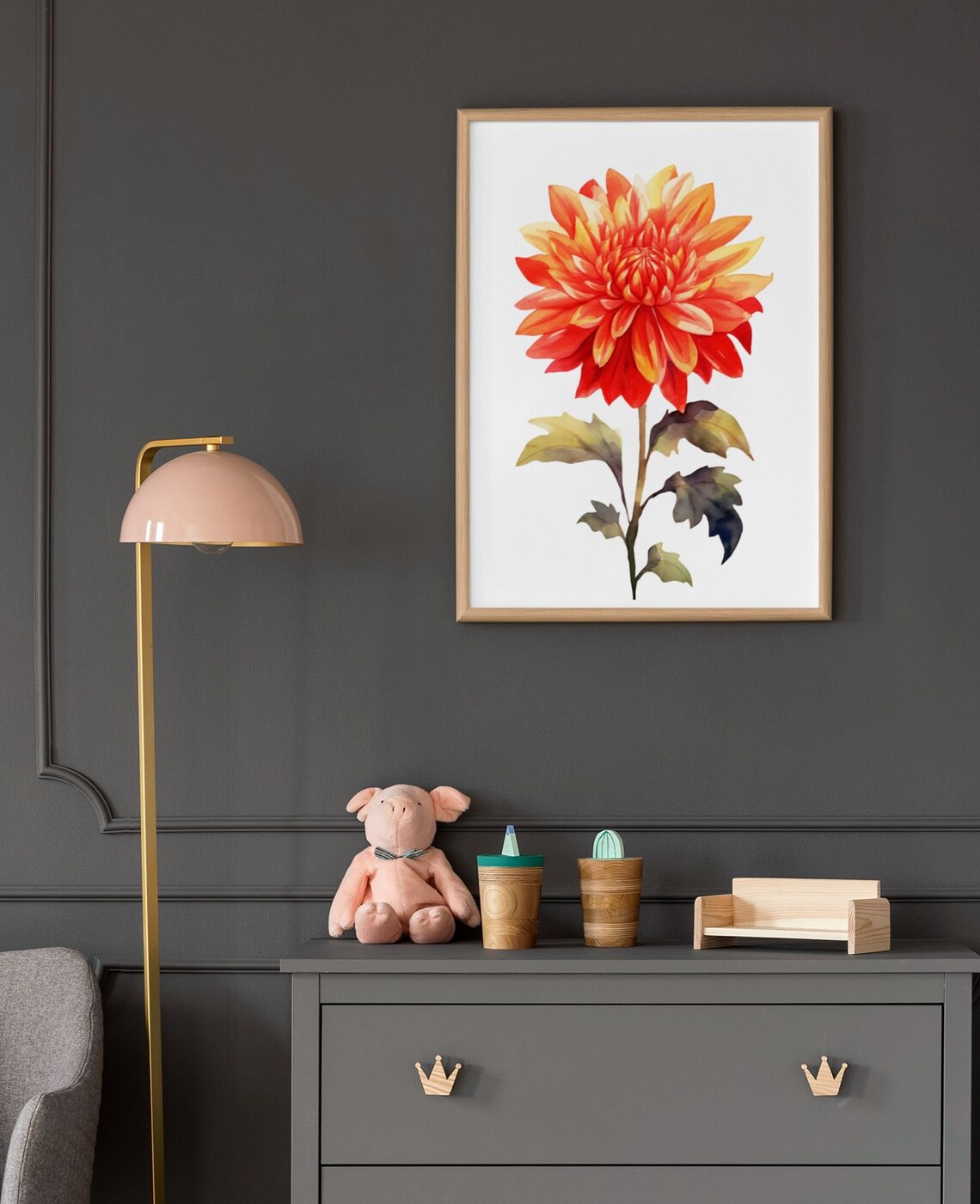 Vivid Sunset Orange Dahlia Flower Watercolour Botanical Art Poster - Image 9