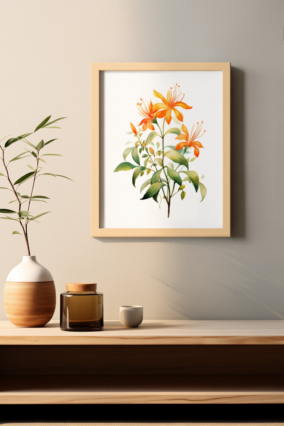 Orange Honeysuckle Sprig Delicate Watercolor Floral Botanical Poster - Image 2