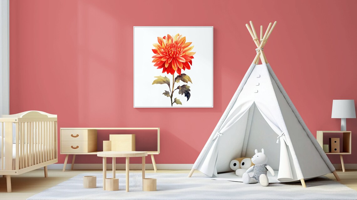 Vivid Sunset Orange Dahlia Flower Watercolour Botanical Art Poster - Image 3