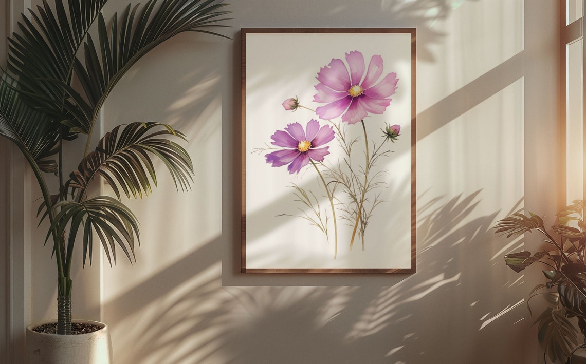 Purple Cosmos Flower Blooms Watercolour Botanical Flower Poster - Image 6