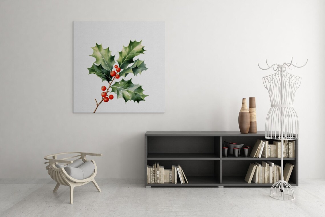 Holly Branch With Red Berries Classic Festive Watercolor Art Poster - Image 6