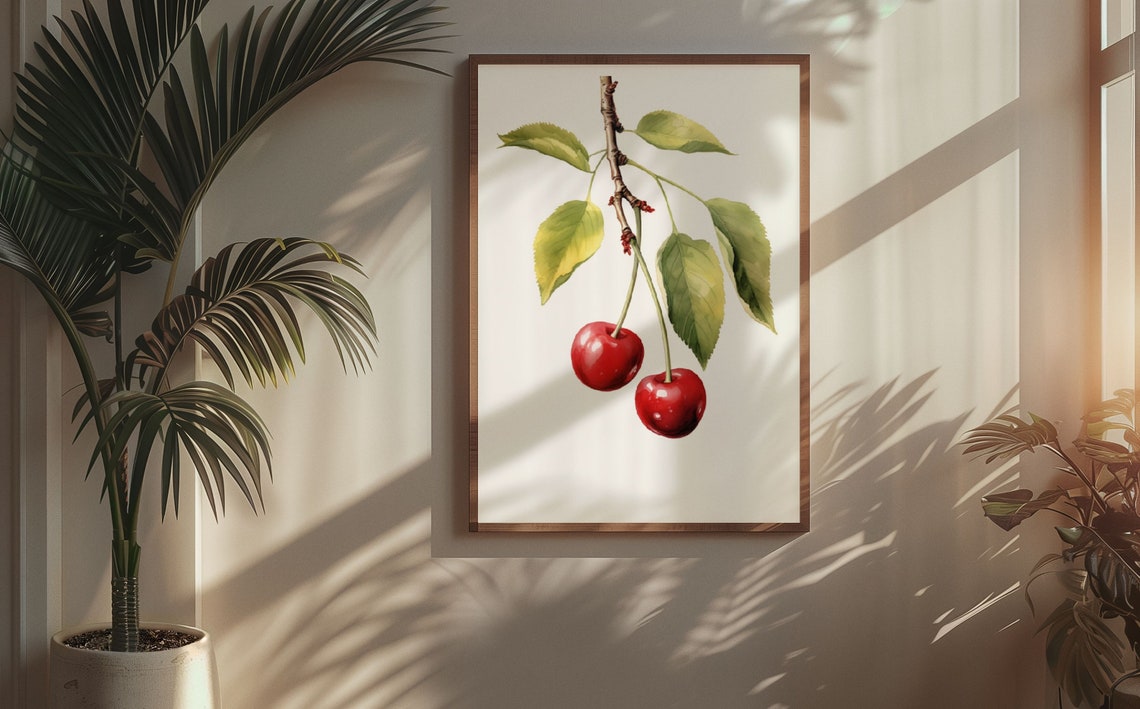Red Cherries on Branch Vintage Watercolour Botanical Fruit Poster - Image 5