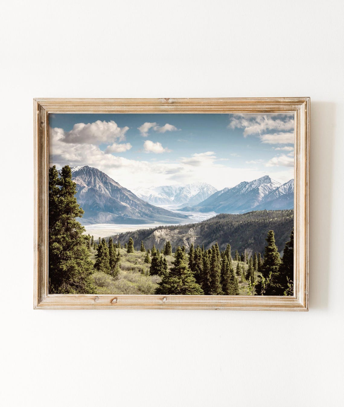 Snow Capped Mountain Valley Evergreen Forest Blue Sky Scenic Poster