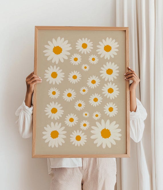 Beige Daisy Art Print Boho Floral Illustration