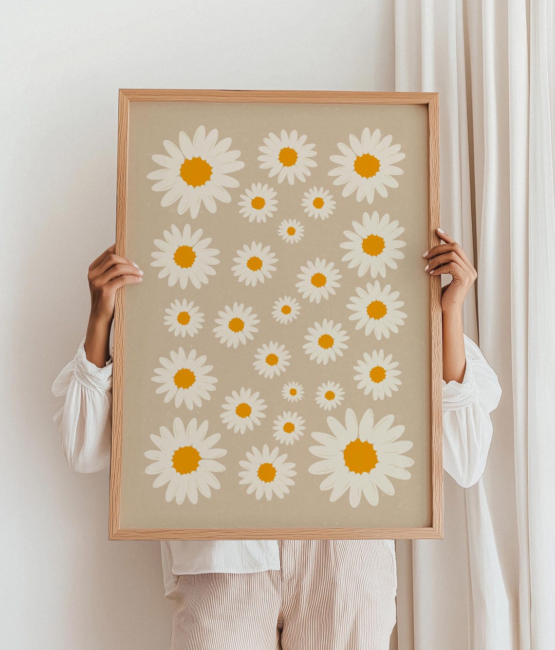 Beige Daisy Art Print Boho Floral Illustration