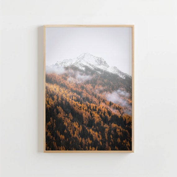 Foggy Mountain Print Fall Forest Photography Landscape Poster Nordic Room Decor Wall Art