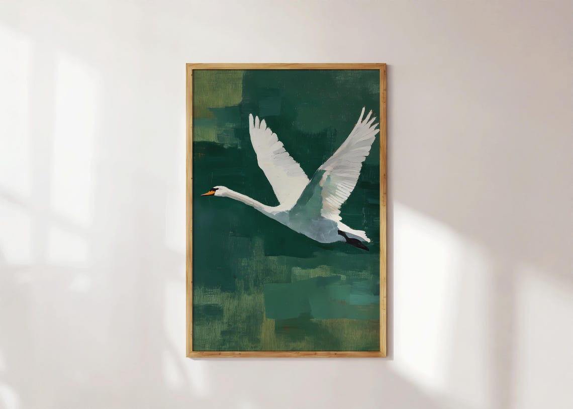 Flying White Swan On Dark Green Minimalist Bird Illustration Poster